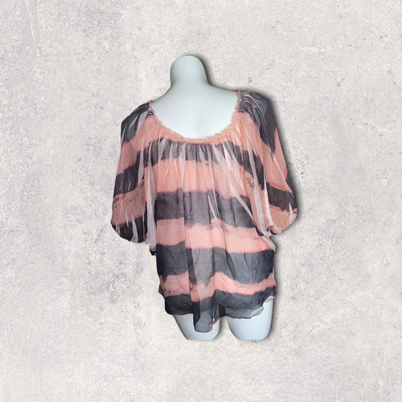 Robin K Sheer Batwing Blouse Pink Black Striped Top Size M Flowy Boho Chic - Picture 3 of 13